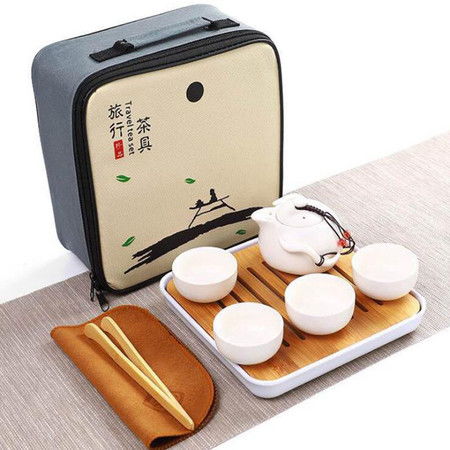 青瓷鱼杯茶具茶壶创意开业促销商务礼品陶瓷功夫套装 白色企鹅1壶四杯 茶盘 包